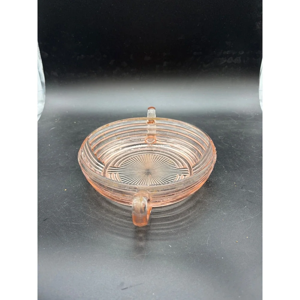Vintage Pink Depression Glass Ribbed Candy Dish Art Deco Two Handle Nut Bowl‎